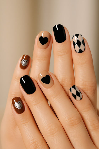 Black & Nude Press-On Nails – Hearts & Harlequin Pattern.