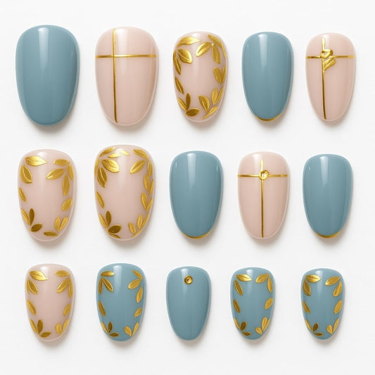 Blue & Blush Press-On Nails – Gold Leaf Accents
