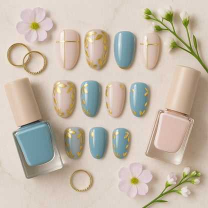 Blue & Blush Press-On Nails – Gold Leaf Accents