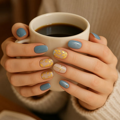 Blue & Blush Press-On Nails – Gold Leaf Accents