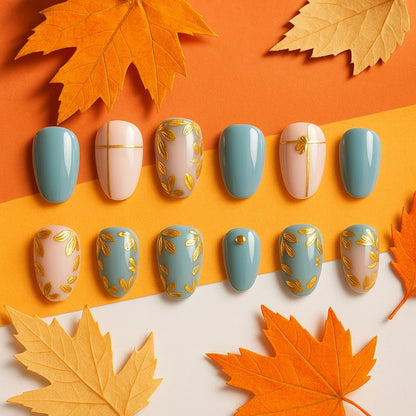 Blue & Blush Press On Nails – Gold Leaf Accents