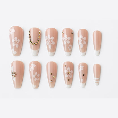 Blush Floral Press-On Nails – Glossy Rhinestone Blossom Design.