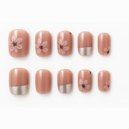 Blush Pink Press-On Nails – Silver Tips & Floral Accents.