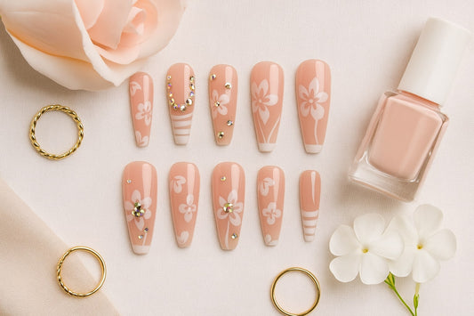 Blush Floral Press-On Nails – Glossy Rhinestone Blossom Design.