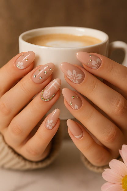 Blush Floral Press-On Nails – Glossy Rhinestone Blossom Design.