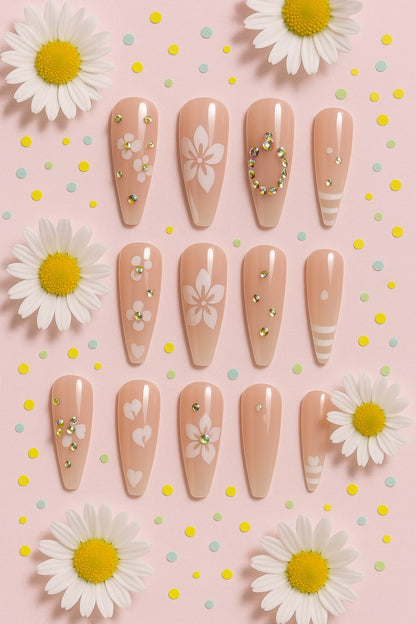 Blush Floral Press-On Nails – Glossy Rhinestone Blossom Design.