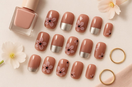 Blush Pink Press-On Nails – Silver Tips & Floral Accents.