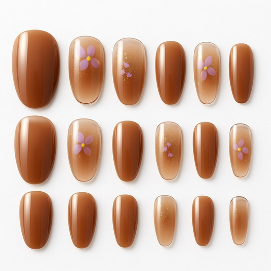 Brown Nude Press-On Nails – Glossy Floral Accent Design.
