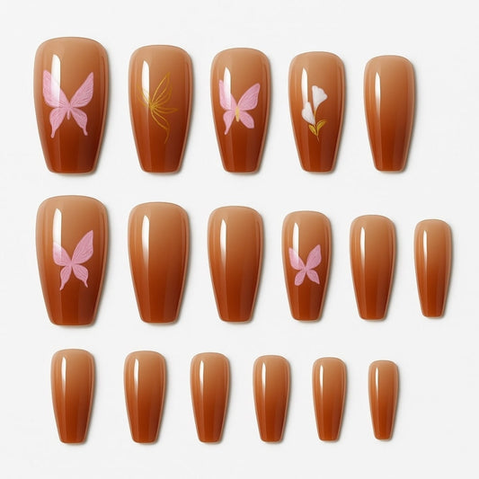 Brown Ombre Press-On Nails – Pink Butterfly Elegance.