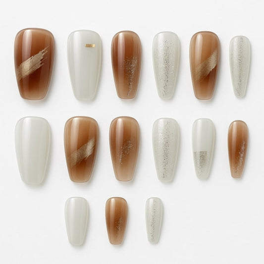 Brown & Ivory Press-On Nails – Gold Glitter Marble Elegance.