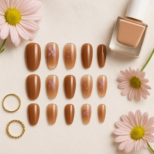 Brown Nude Press-On Nails – Glossy Floral Accent Design.
