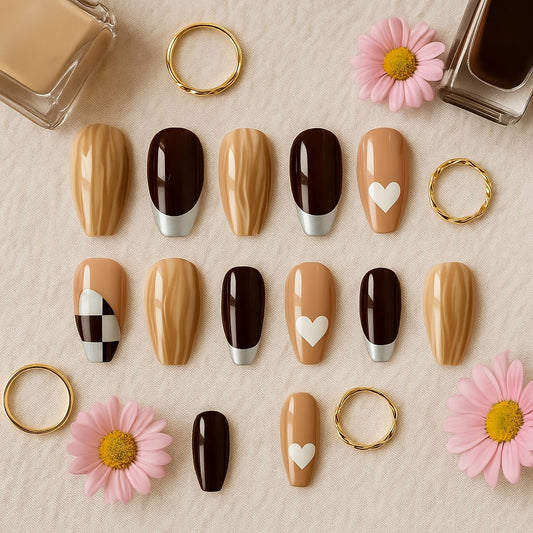 Brown & Nude Press-On Nails – Glossy Marble & Heart Accents.