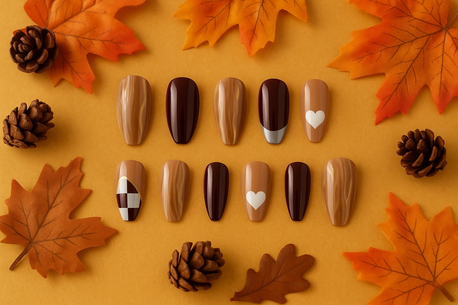Brown & Nude Press-On Nails – Glossy Marble & Heart Accents.