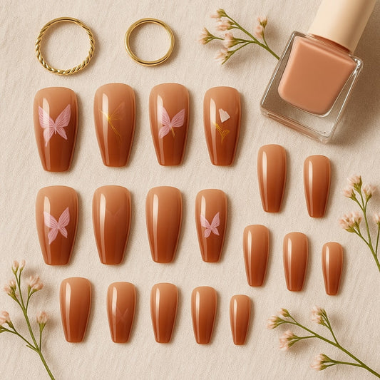 Brown Ombre Press-On Nails – Pink Butterfly Elegance.