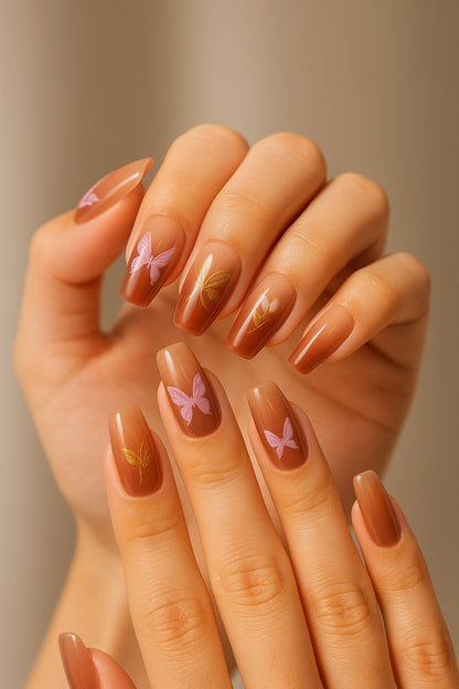 Brown Ombre Press-On Nails – Pink Butterfly Elegance.