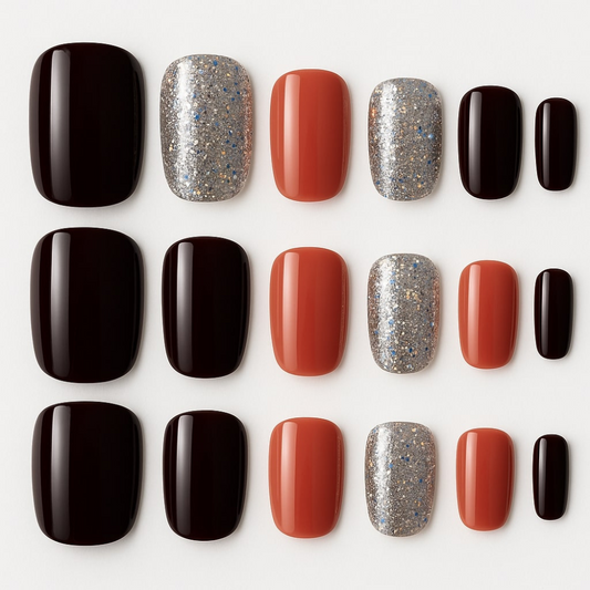 Burgundy & Glitter Press-On Nails – Autumn Glam Mixed Set.