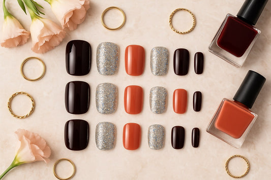 Burgundy & Glitter Press-On Nails – Autumn Glam Mixed Set.