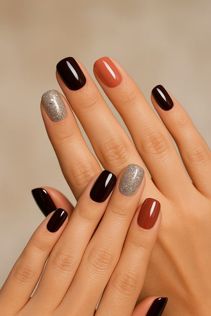 Burgundy & Glitter Press-On Nails – Autumn Glam Mixed Set.