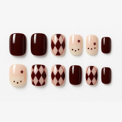 Burgundy & Nude Press-On Nails – Argyle & Floral Bear Design.