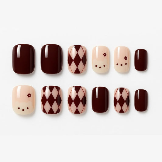Burgundy & Nude Press-On Nails – Argyle & Floral Bear Design.