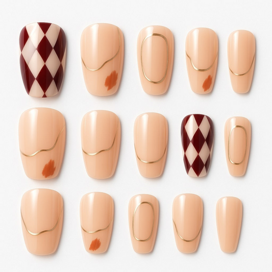 Burgundy & Nude Press-On Nails – Diamond Harlequin & Gold Accents.