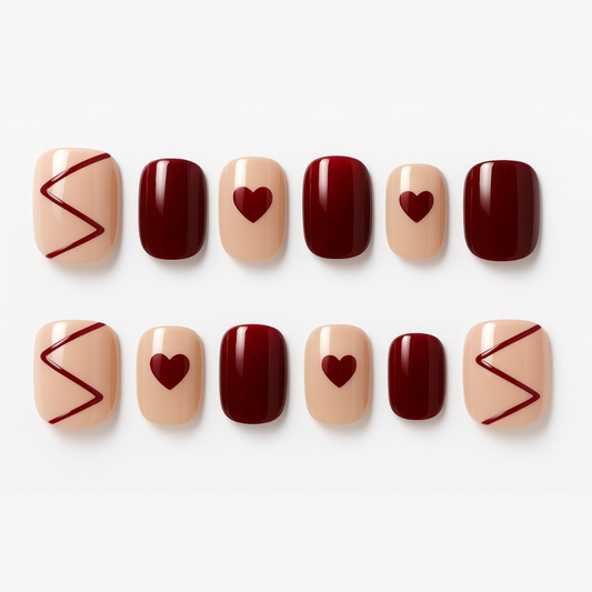 Burgundy & Nude Press-On Nails – Heart & Geometric Accent Design.