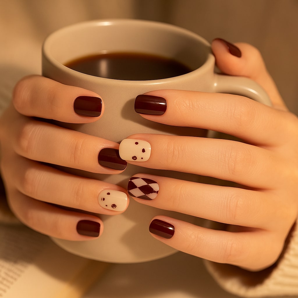 Burgundy & Nude Press-On Nails – Argyle & Floral Bear Design.