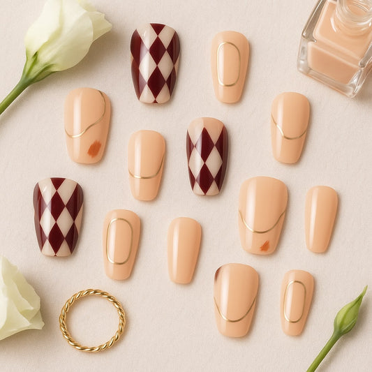 Burgundy & Nude Press-On Nails – Diamond Harlequin & Gold Accents.