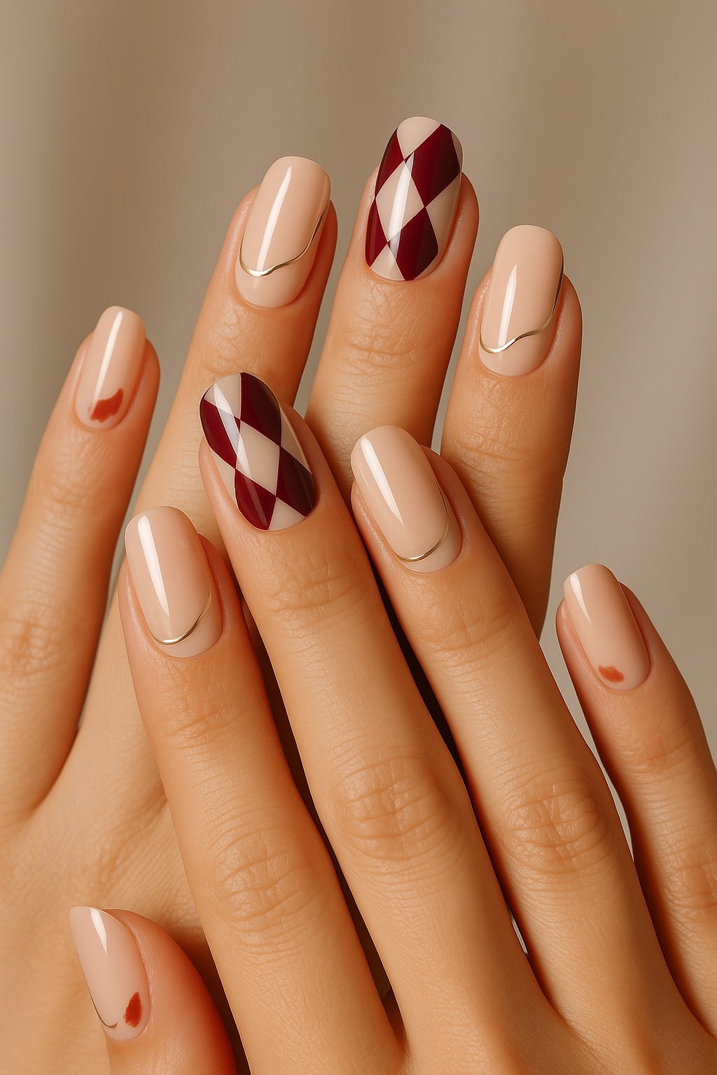 Burgundy & Nude Press-On Nails – Diamond Harlequin & Gold Accents.