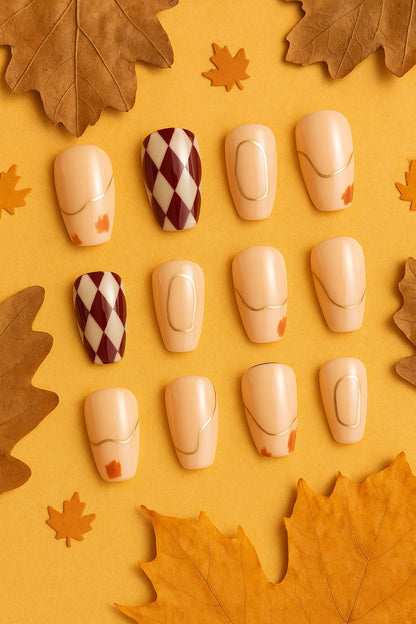 Burgundy & Nude Press-On Nails – Diamond Harlequin & Gold Accents.