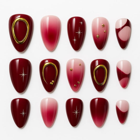 Burgundy & Pink Ombre Press-On Nails – Gold Accents & Glossy Finish.