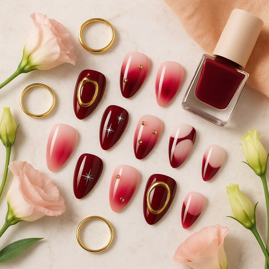 Burgundy & Pink Ombre Press-On Nails – Gold Accents & Glossy Finish.