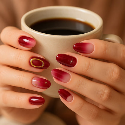 Burgundy & Pink Ombre Press-On Nails – Gold Accents & Glossy Finish.