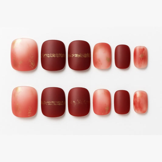 Burgundy & Rose Gold Press-On Nails – Marble Accent Design.