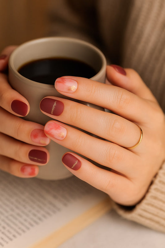Burgundy & Rose Gold Press-On Nails – Marble Accent Design.