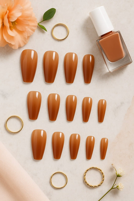 Caramel Brown Press-On Nails – Glossy Almond Elegance.