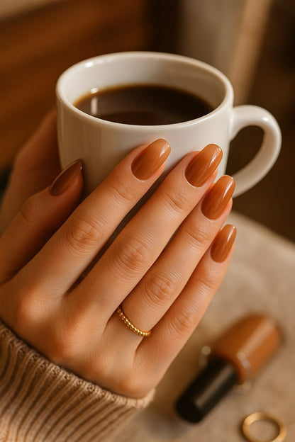 Caramel Brown Press-On Nails – Glossy Almond Elegance.