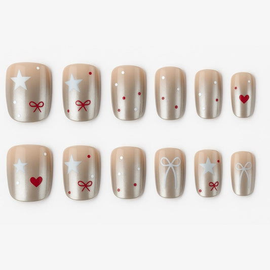 Champagne Glow Press-On Nails – Festive Stars & Hearts Design.