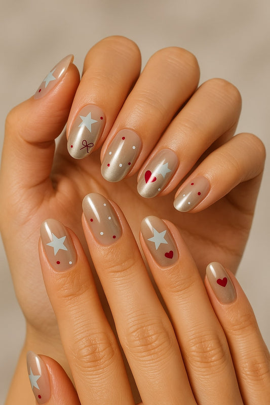 Champagne Glow Press-On Nails – Festive Stars & Hearts Design.