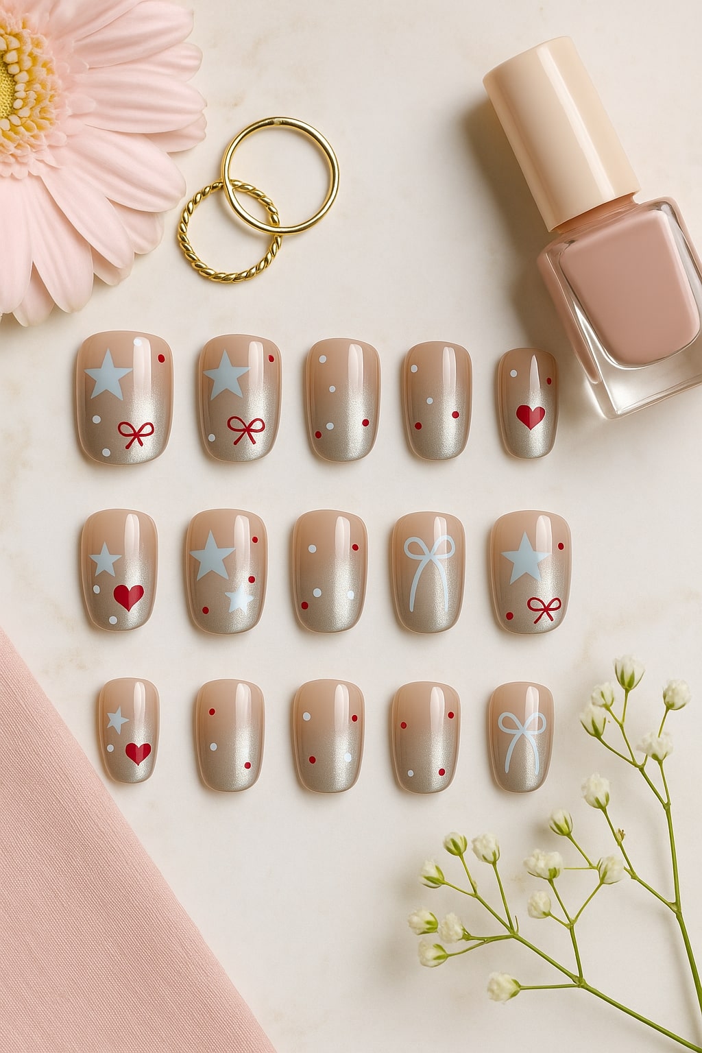 Champagne Glow Press-On Nails – Festive Stars & Hearts Design.