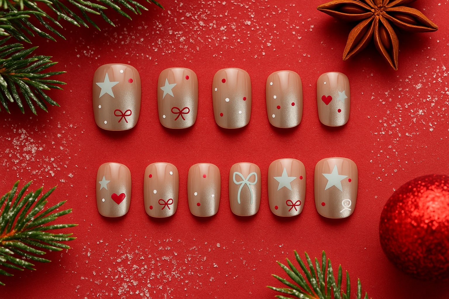 Champagne Glow Press-On Nails – Festive Stars & Hearts Design.
