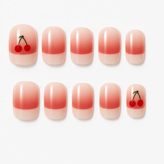 Cherry Ombre Press-On Nails – Glossy Red Fruit Accent.
