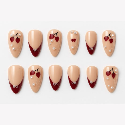 Cherry Red Press-On Nails – Glossy French Tips with Pearls