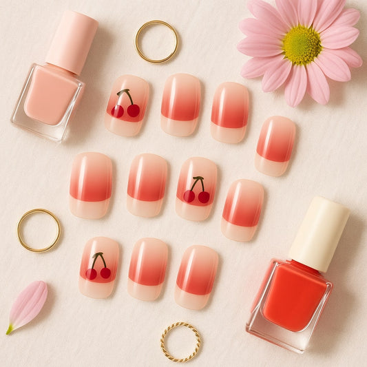 Cherry Ombre Press-On Nails – Glossy Red Fruit Accent.