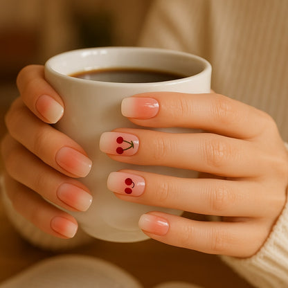 Cherry Ombre Press-On Nails – Glossy Red Fruit Accent.