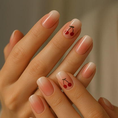 Cherry Ombre Press-On Nails – Glossy Red Fruit Accent.