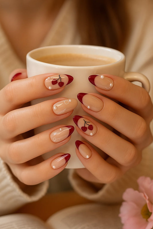 Cherry Red Press-On Nails – Glossy French Tips with Pearls