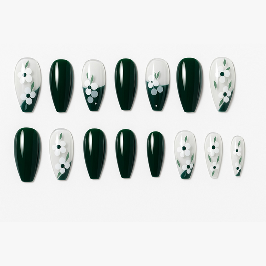 Emerald Green Press-On Nails – Glossy Floral Daisy Design.