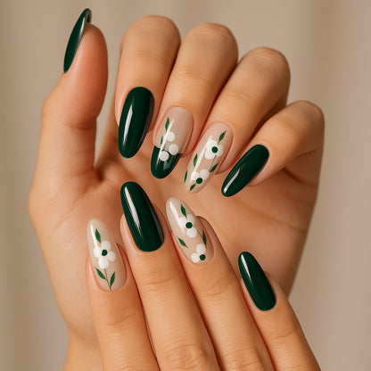 Emerald Green Press-On Nails – Glossy Floral Daisy Design.