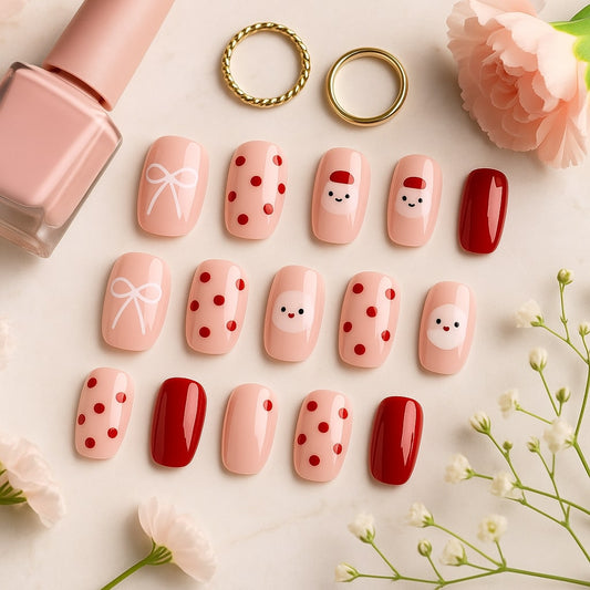 Festive Red & Nude Press-On Nails – Santa, Bow & Polka Dot Design.